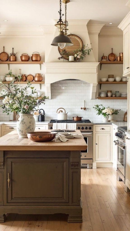 Oversized Range Hood with Copper Cookware Collection on Open Shelving