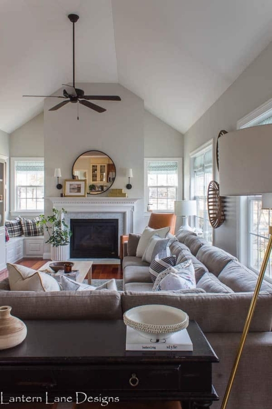 Oversized Sectional Sofa in Living Room with Vaulted Ceiling Fireplace