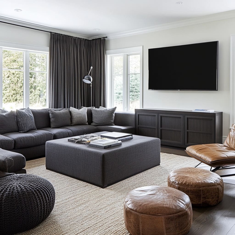 Oversized Square Ottoman Styling in Moody Masculine Living Room