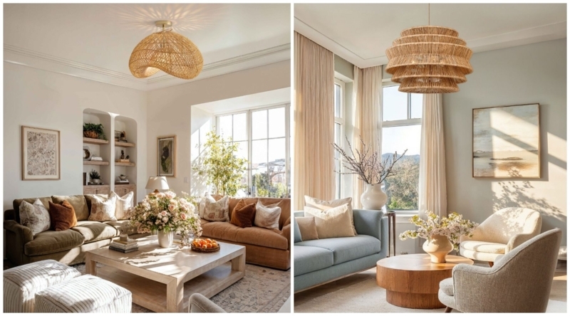 Oversized Woven Pendant Light in Organic Modern Living Room