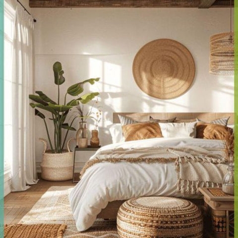 Oversized Woven Wall Disk and Earthy Textiles in a Bohemian Bedroom
