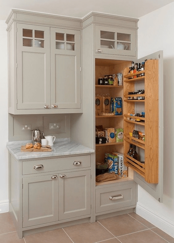 Pale Gray Built-In Pantry Cabinet with Integrated Door Spice Rack