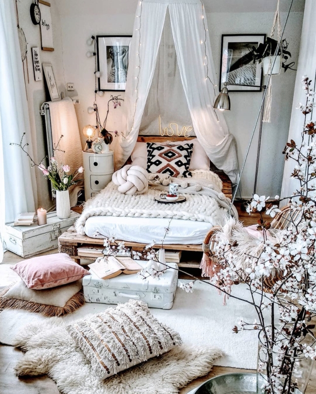 Pallet Platform Bed with Sheer Canopy and String Lights