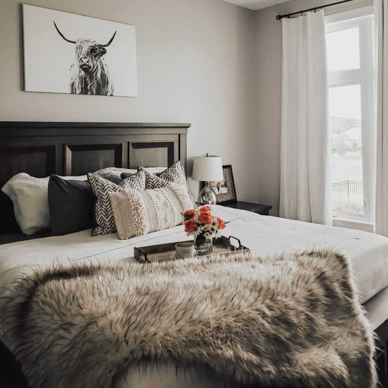 Panel Bed Highland Cow Art Faux Fur Throw Chevron Pillows Rustic