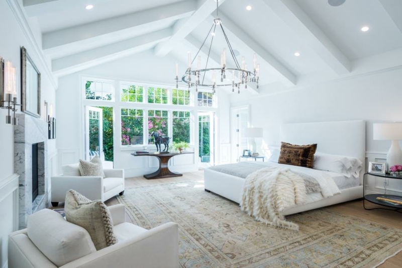 Panel Bed in Master Bedroom with Vaulted Beamed Ceilings