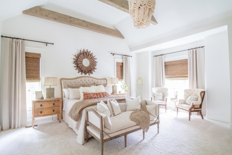 Panel Bed in Neutral Master Bedroom with Beams and Beaded Chandelier