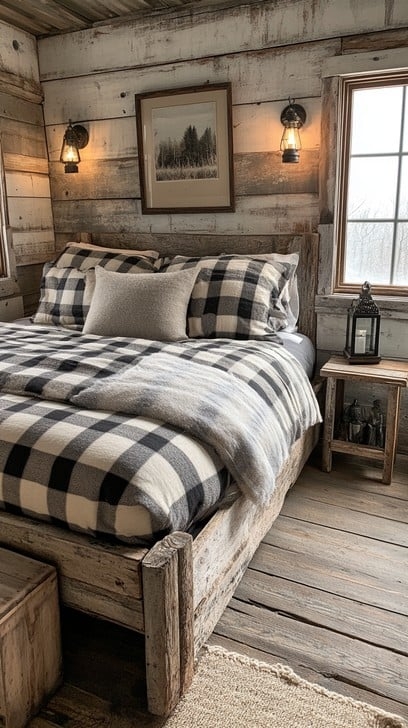 Panel Bed with Buffalo Check Bedding and Whitewashed Plank Walls