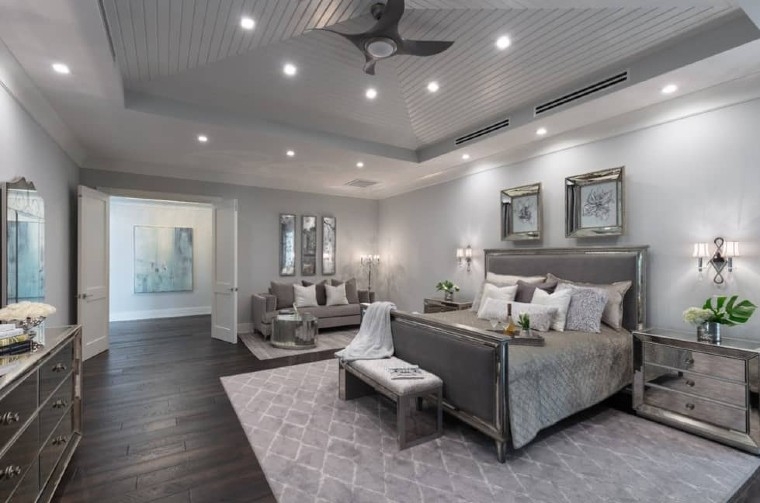 Panel Bed with Mirrored Furniture & Tray Ceiling, Luxurious Grey