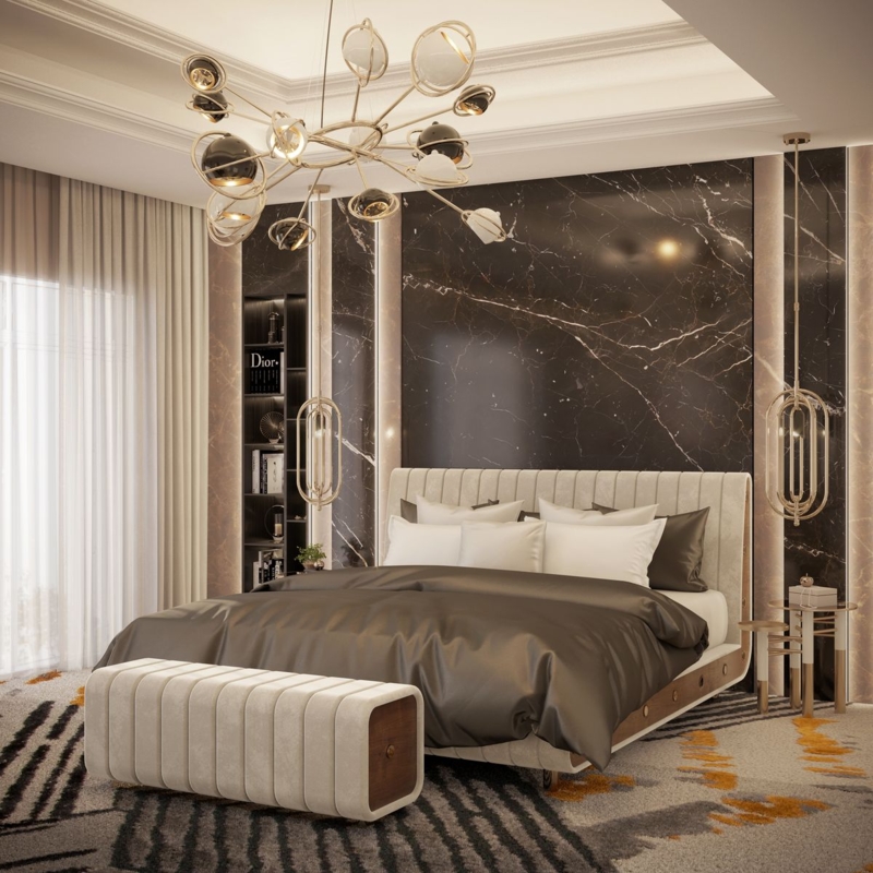 Panel Bed with Ribbed Headboard and Dark Marble Accent Wall