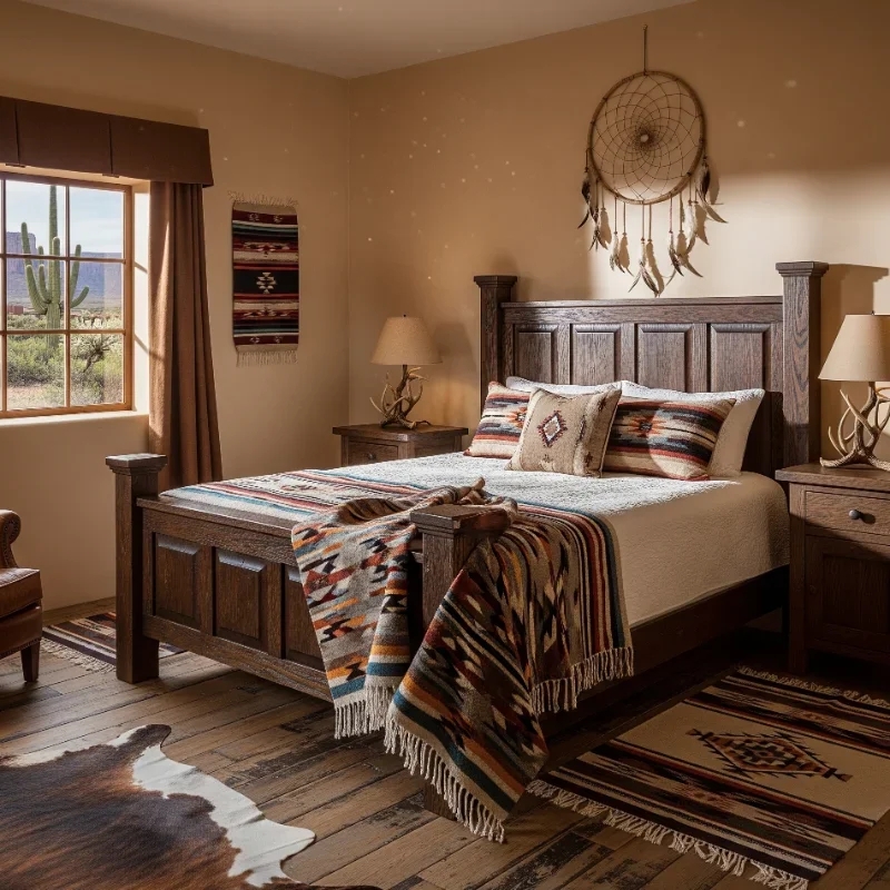 Panel Bed with Southwestern Pattern Bedding and Antler Lamps