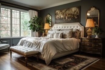 Panel Bed with Tufted Headboard Against Dark Charcoal Bedroom Walls