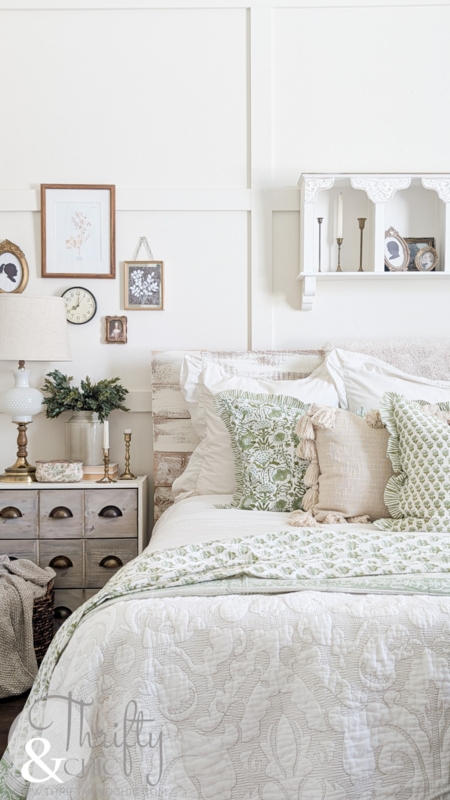 Panel Bed with Whitewashed Wood Headboard and Sage Green Accents