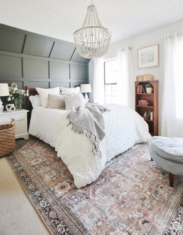Paneled Accent Wall in Dark Green Modern Farmhouse Bedroom Design
