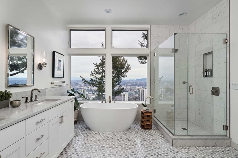 Panoramic City View Bathroom with Hexagon Mosaic Floor and Tub
