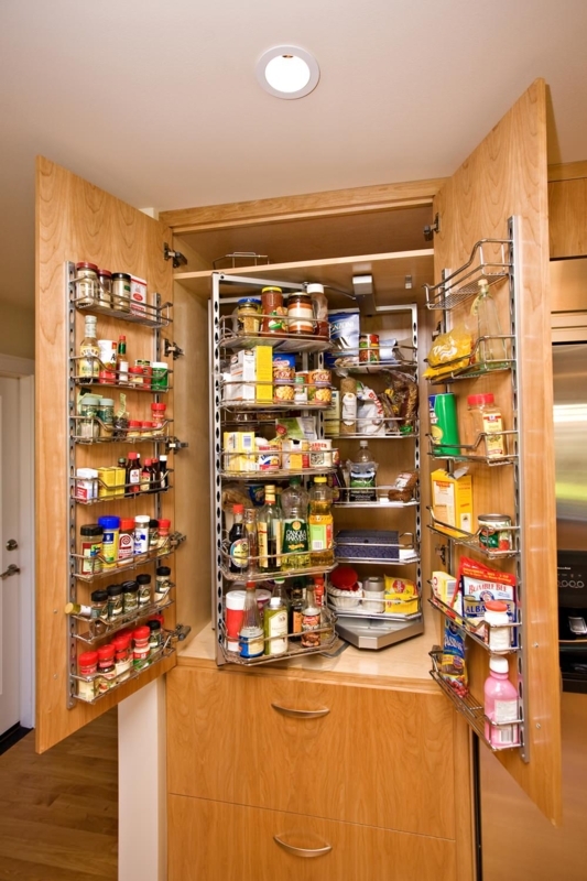 Pantry Cabinet with Multi-Tiered Door Storage and Pull-Out Shelving
