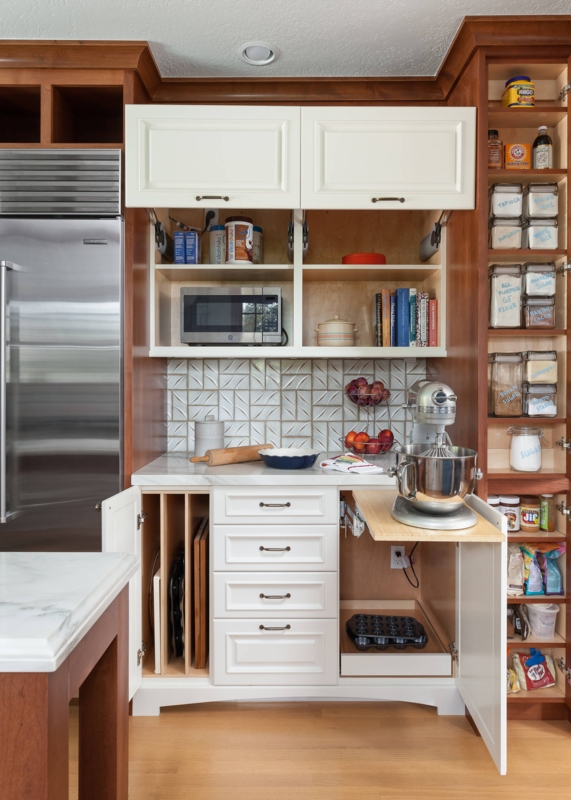 Pantry Cabinet with Pull-Out Mixer Shelf and Vertical Tray Storage