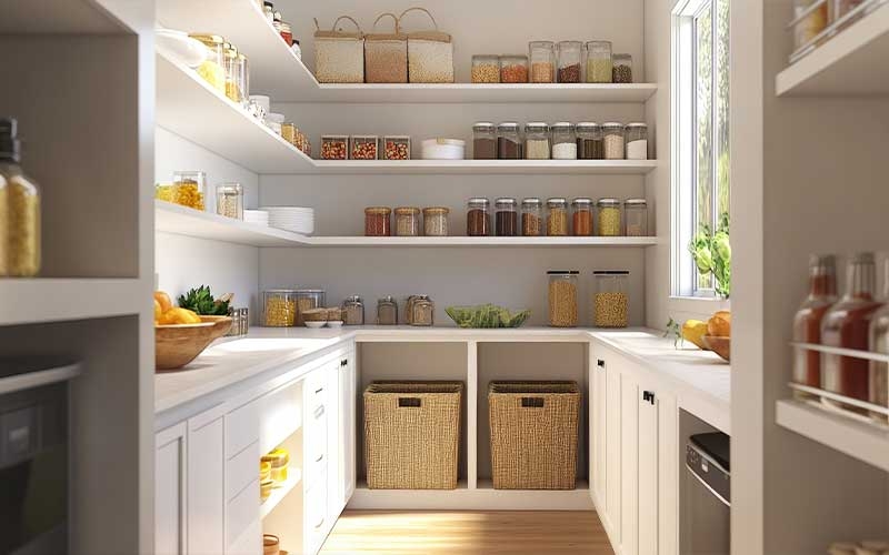 Pantry System with L-Shaped Shelving and Woven Baskets