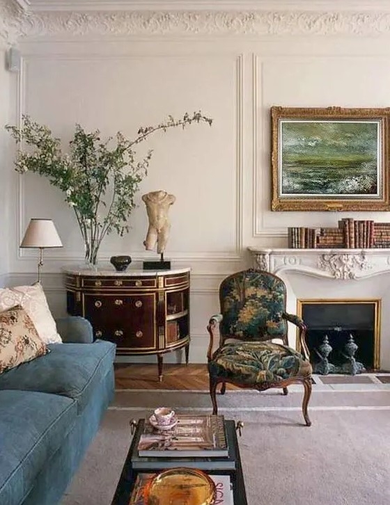 Parisian Style Wall Molding Ideas with Ornate White Mantel