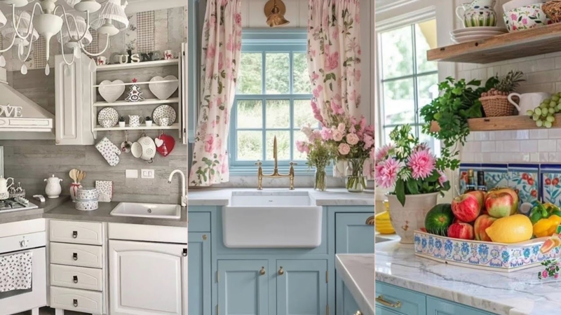 Pastel Blue Cottage Kitchen Design With Floral Accents