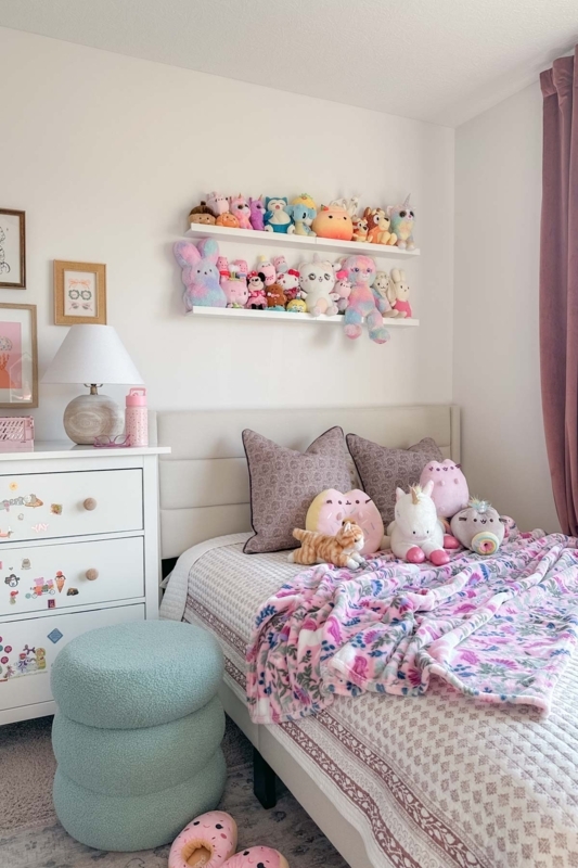 Pastel Kids Room Storage with Wall-Mounted Plush Display