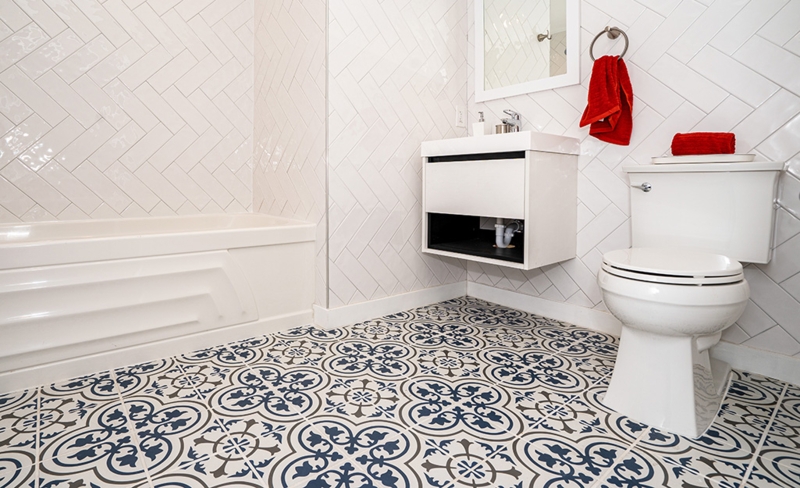 Patterned Bathroom Floor Tile Ideas: Herringbone Walls and Floating Vanity