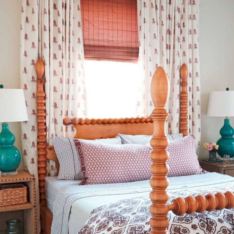 Patterned Drapes and Woven Shade Layered Window Treatments