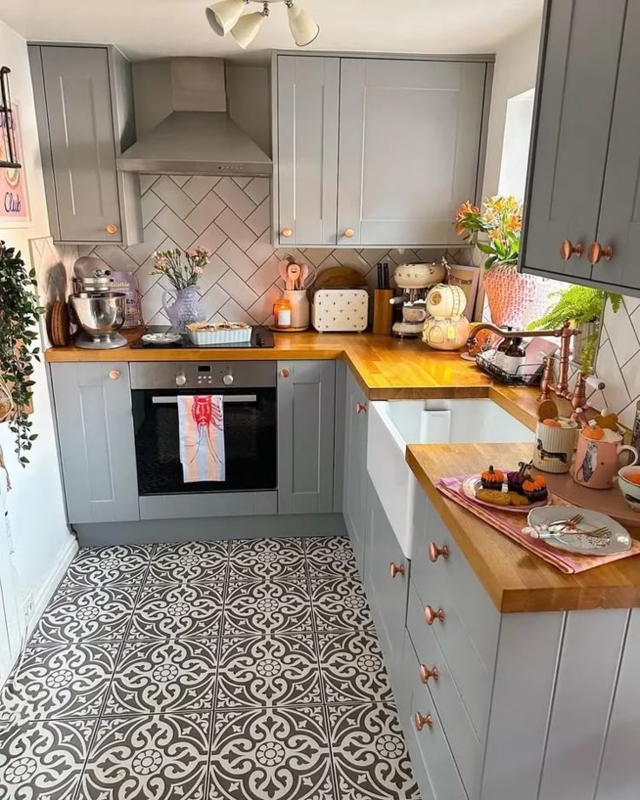Patterned Floor Tile Kitchen Design with Gray Shaker Cabinets