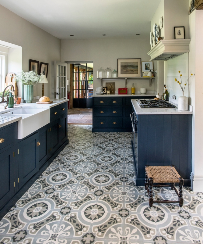 Patterned Kitchen Floor Tile Ideas with Navy Blue Cabinets