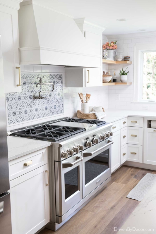 Patterned Tile Backsplash Focal Point over Double Oven Gas Range
