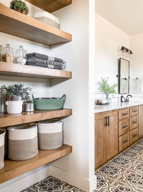 Patterned Tile Floor Bathroom Design: Thick Wood Shelving