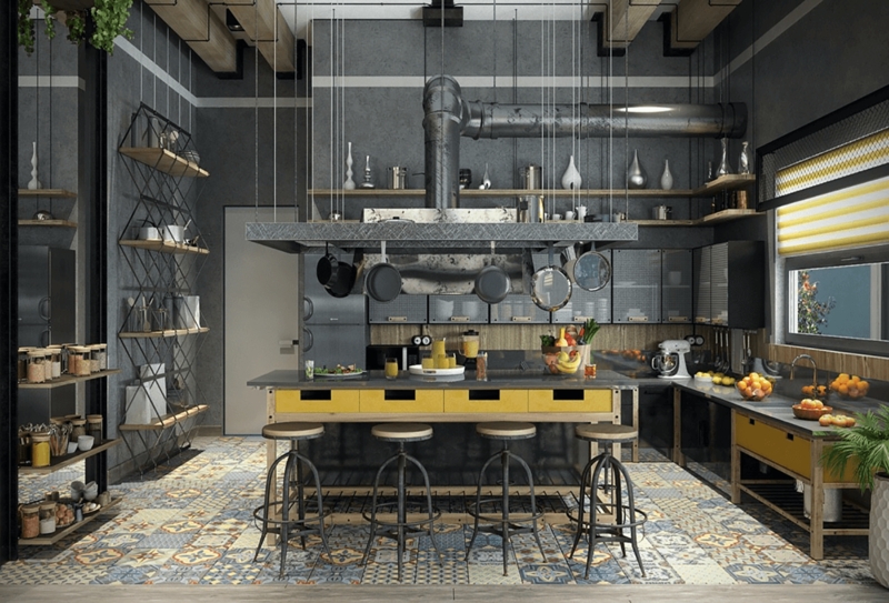 Patterned Tile Kitchen Floor Ideas with Yellow Island Accents