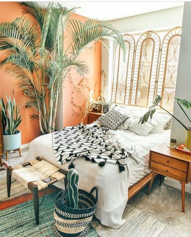 Peach Accent Wall and Arched Rattan Window Screen in a Boho Bedroom