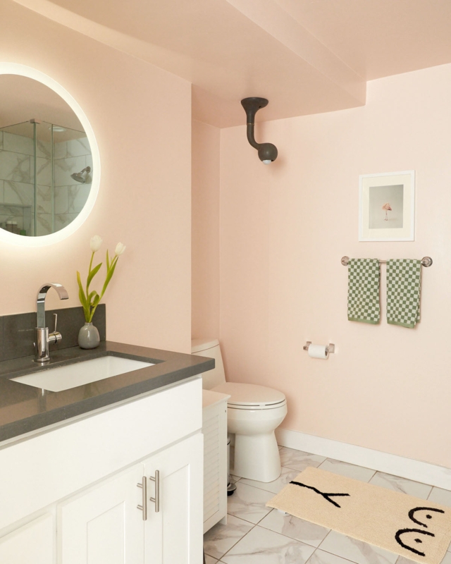 Peach Bathroom Wall Color Ideas: Circular Backlit Bathroom Mirror