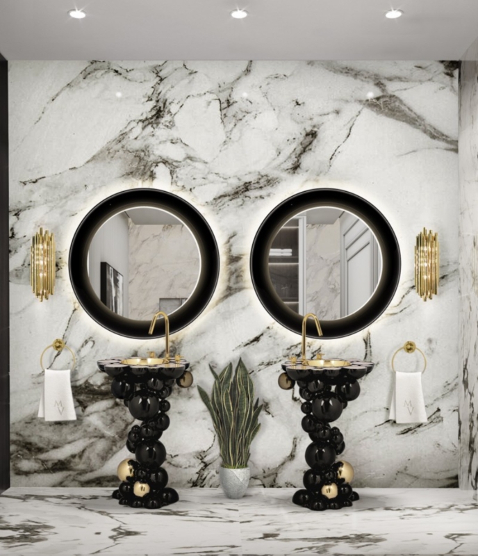 Pedestal Sink with Unique Black Bubble Texture and Gold Basin