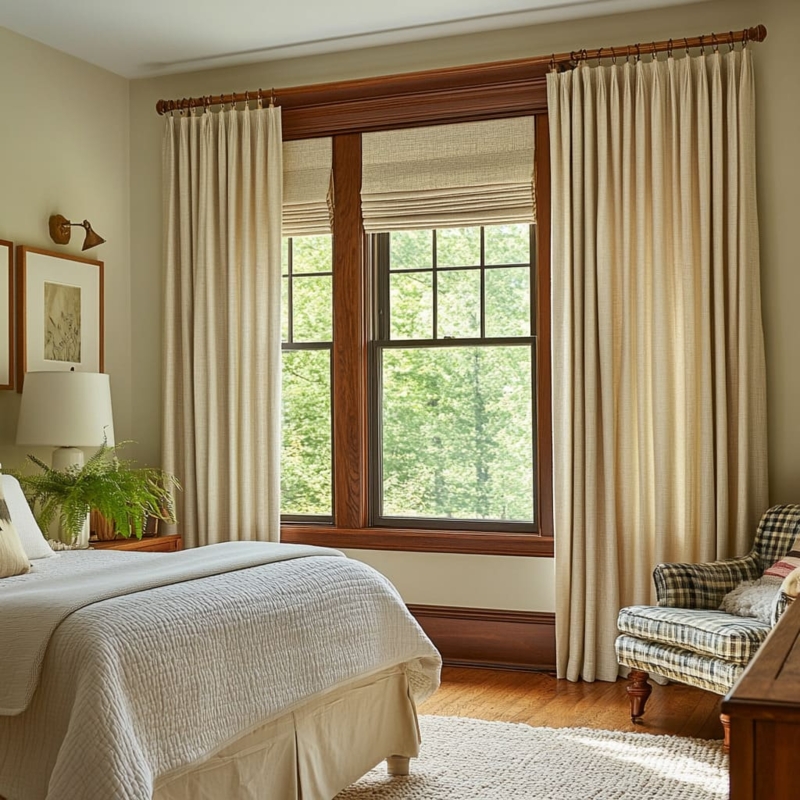 Pinch Pleat Curtains and Dark Wood Trim Neutral Linen Ideas
