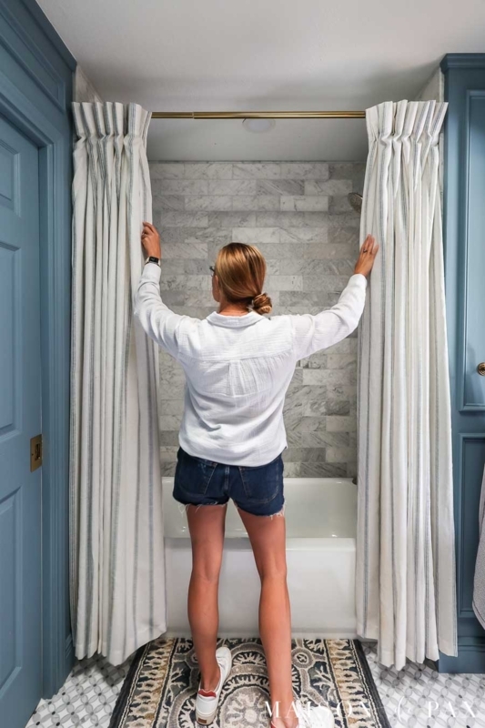 Pinch Pleat Shower Curtain Panels in Double Layout Blue Bathroom