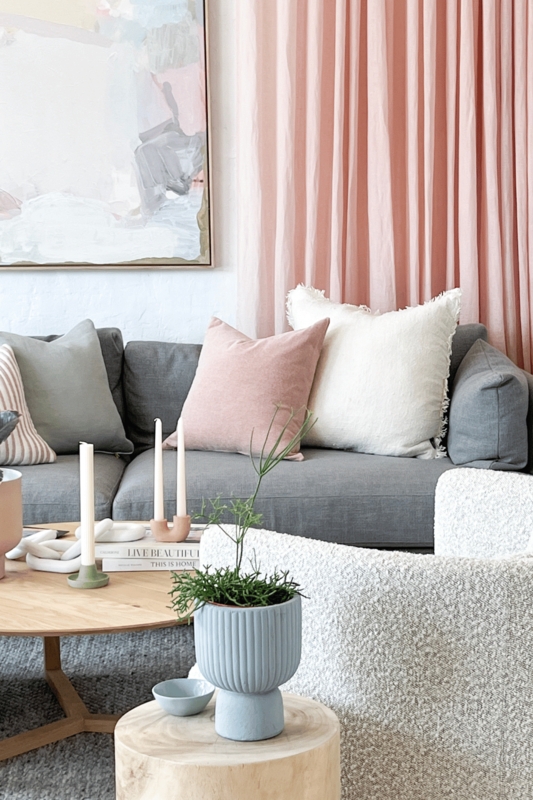 Pink and Grey Living Room Ideas with Boucle Chair and Sheer Curtains