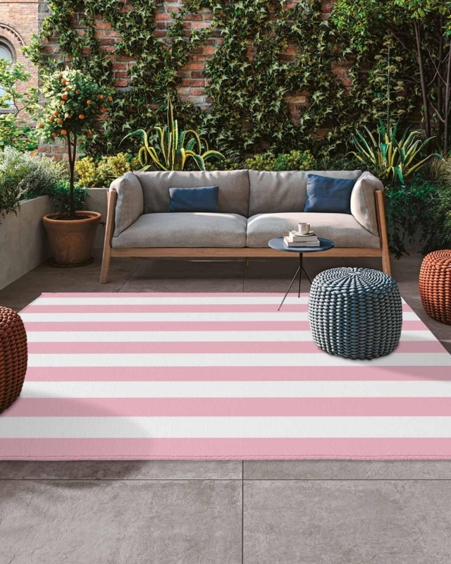 Pink Area Rug White Stripes Flatweave Deck Decor Seating Layout Ideas