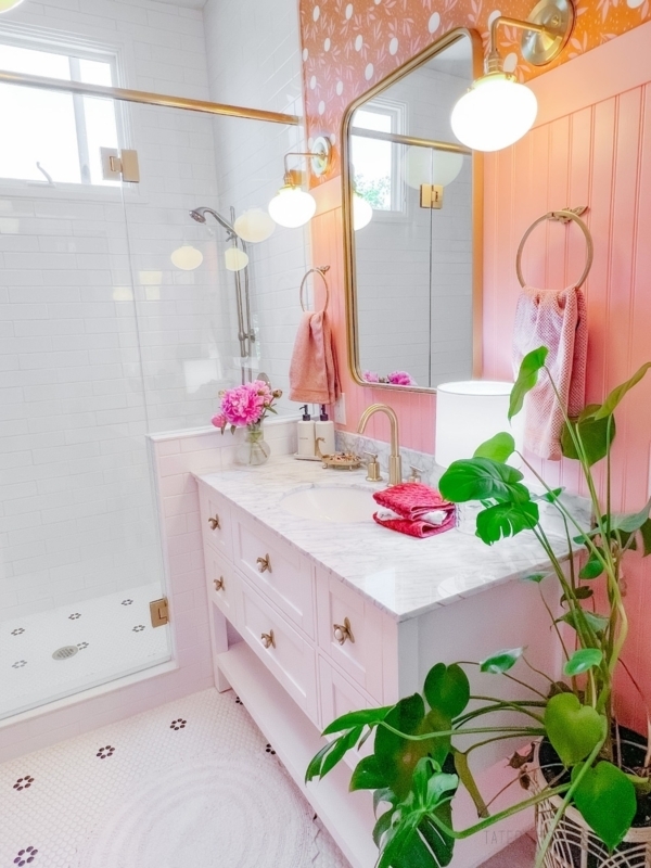 Pink Beadboard Bathroom with Citrus Wallpaper and Gold Accents