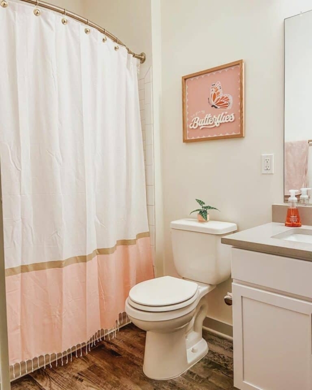 Pink Color Blocked Shower Curtain with Gold Stripe and Tassel Trim
