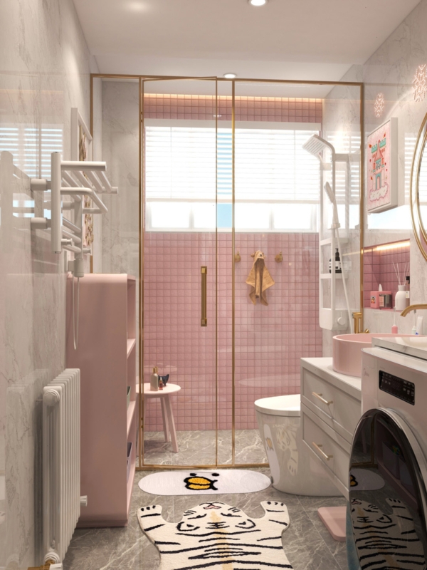 Pink Grid Tile & Gold Shower Frame in Compact Bathroom