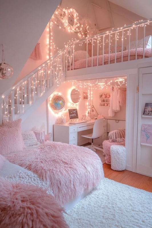Pink Loft Bed Bedroom Ideas with Cozy Workspace Underneath