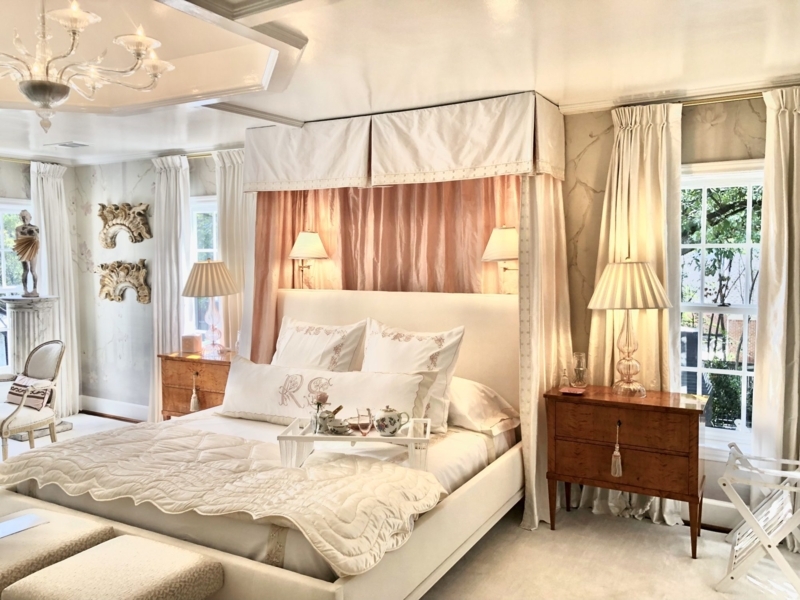 Pink Silk Canopy Bed Ideas with Scalloped Quilt and Monogrammed Linens