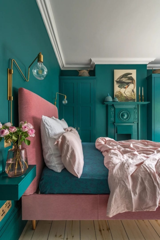 Pink Upholstered Bed in Bold Teal and Color Drenched Room