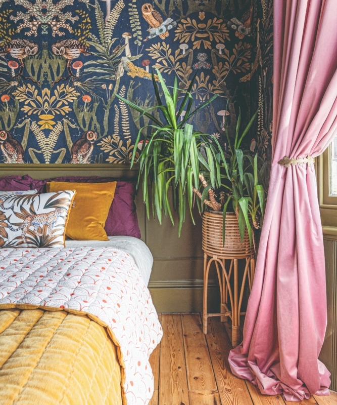 Pink Velvet Curtains against Botanical Wallpaper Styling Ideas