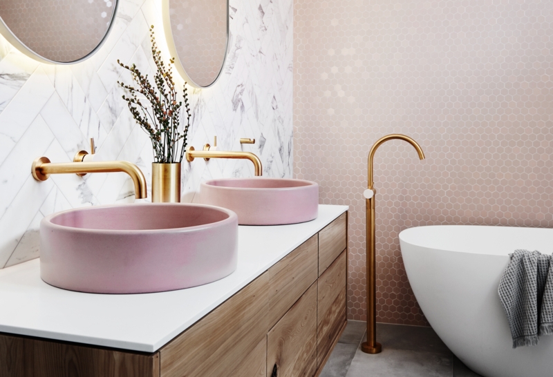 Pink Vessel Sink Bathroom Ideas: Marble Herringbone Backsplash Tiles