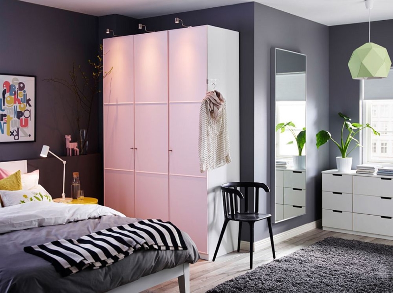 Pink Wardrobe Bedroom Ideas set against Dark Charcoal Walls