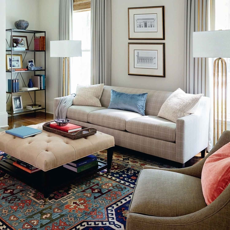 Plaid Upholstered Sofa with Tufted Ottoman Coffee Table Styling Ideas