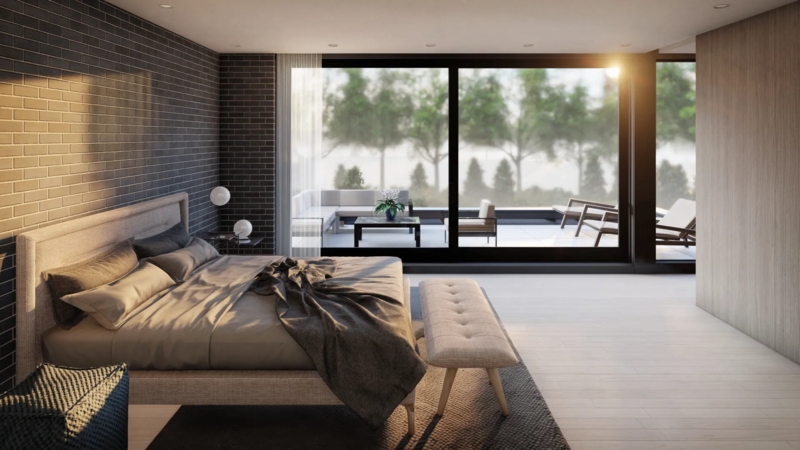 Platform Bed against a Brick Accent Wall and Sun-drenched Patio View