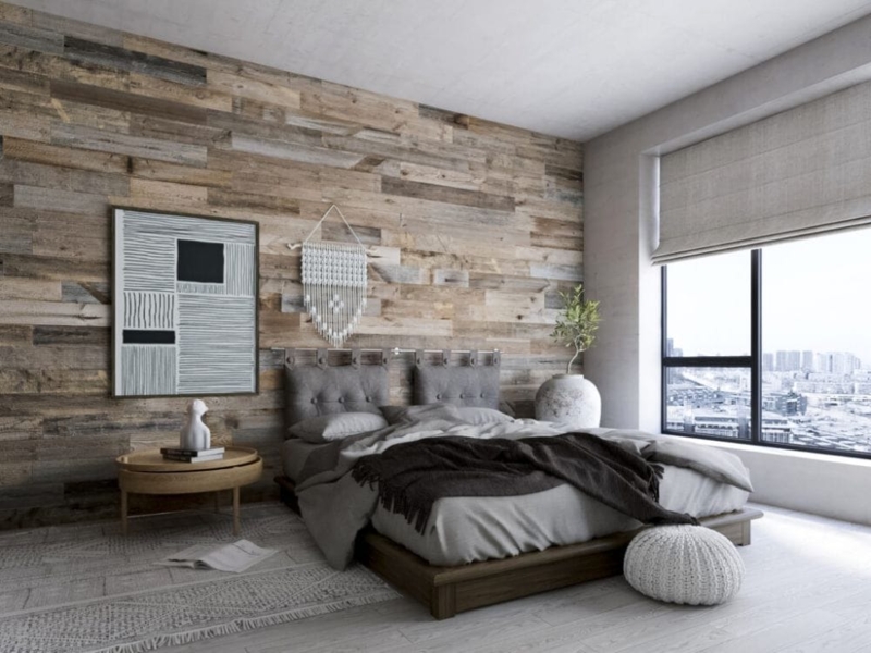 Platform Bed Against a Reclaimed Wood Accent Wall
